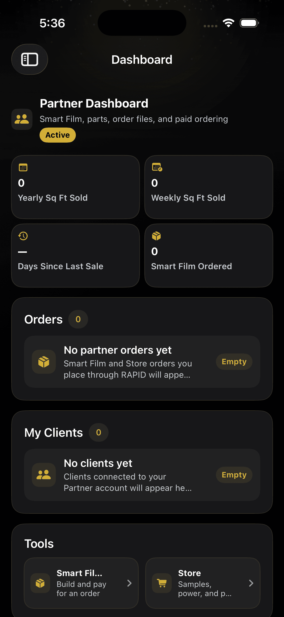 RAPID Partner Dashboard with yearly and weekly square feet sold, days since last sale, Smart Film orders, Orders, and My Clients