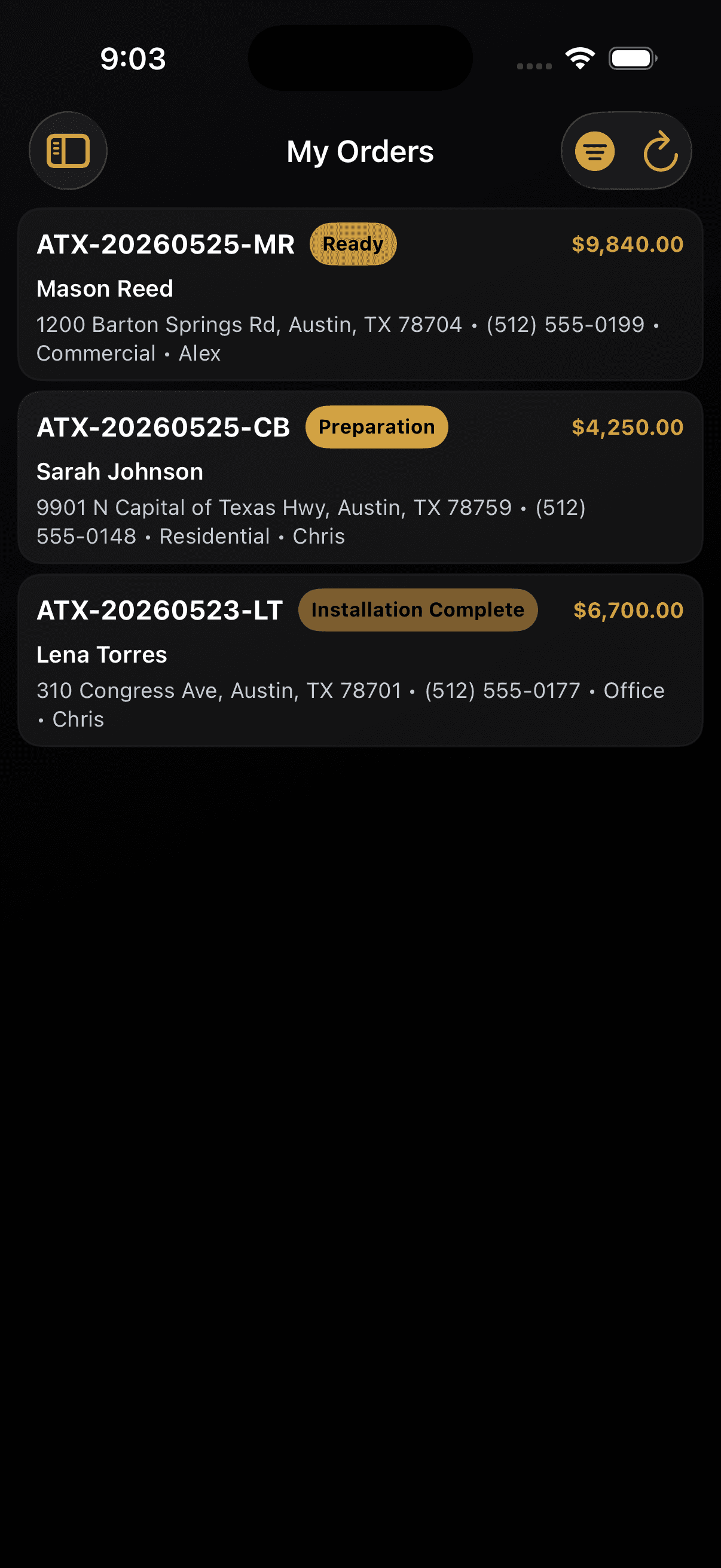 RAPID My Orders screen showing synthetic demonstration orders