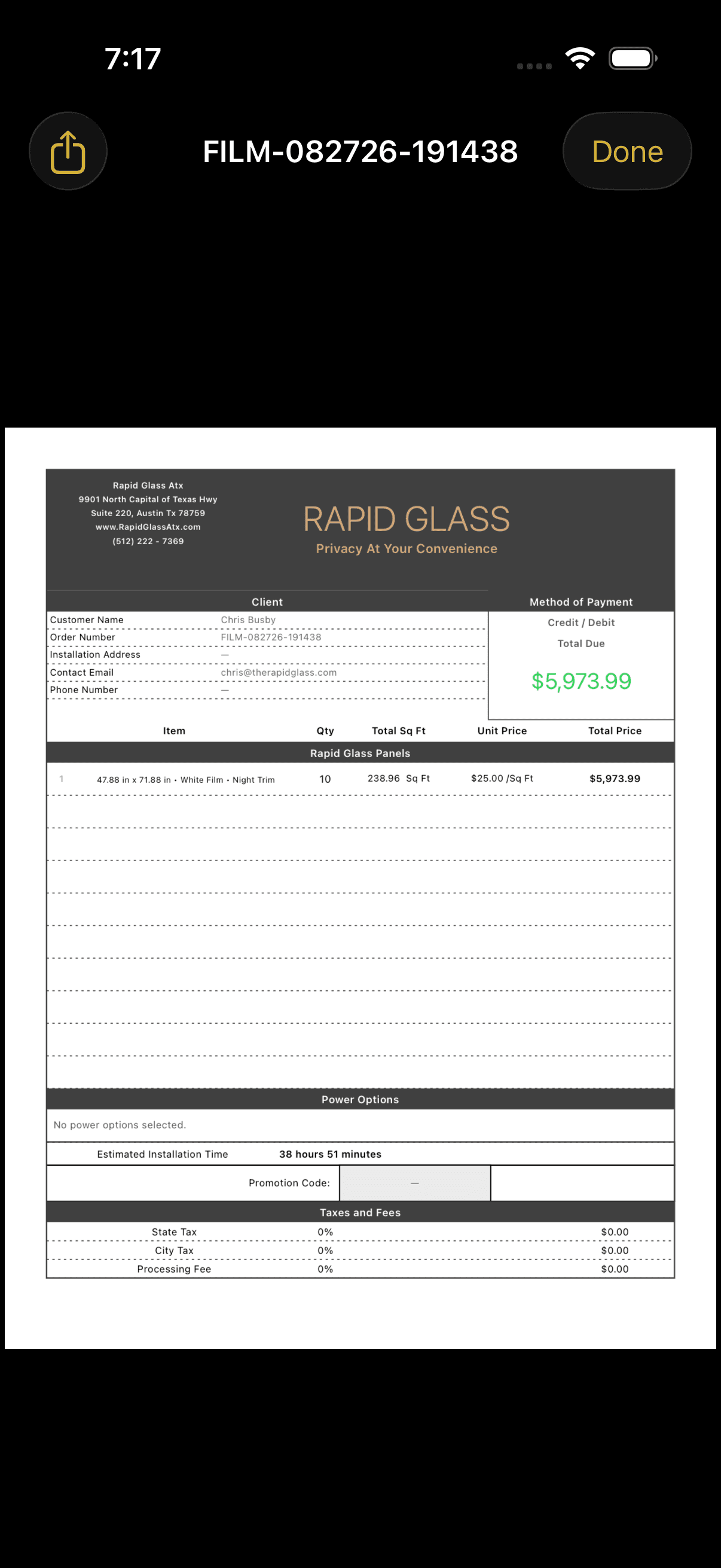 RAPID Smart Film order invoice for ten measured panels totaling $5,973.99