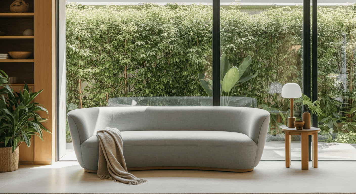 Stylish living room featuring a modern gray sofa and large glass windows by Rapid Glass, highlighting their innovative smart glass technology that seamlessly integrates privacy and natural light while showcasing a lush outdoor garden view.